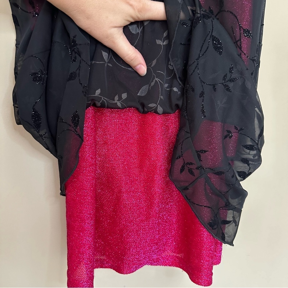 VTG 90s Y2K Size M Whimsigoth Dress Sparkle Pink Black Floral Chiffon Overlay - Picture 8 of 14